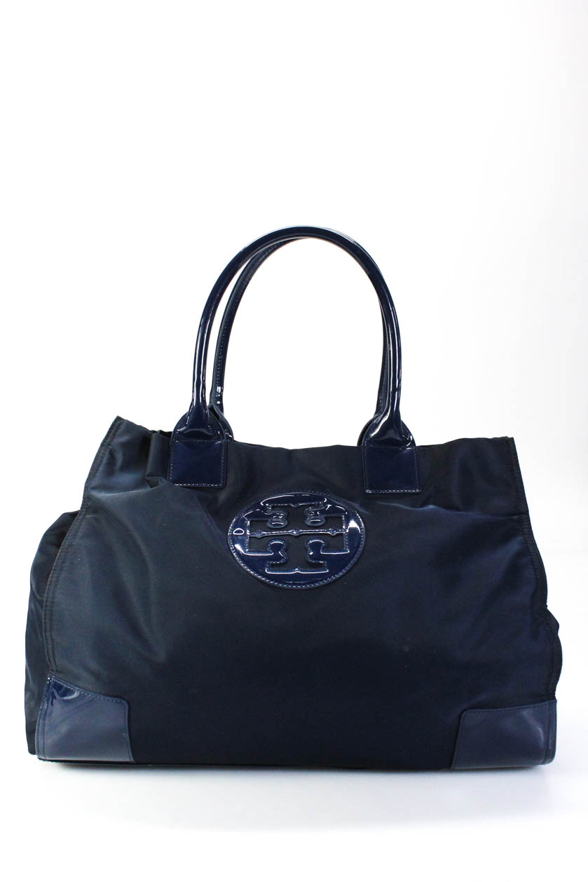 Tory Burch Large Patent Leather Logo Detail Nylon Tote Handbag Navy ...