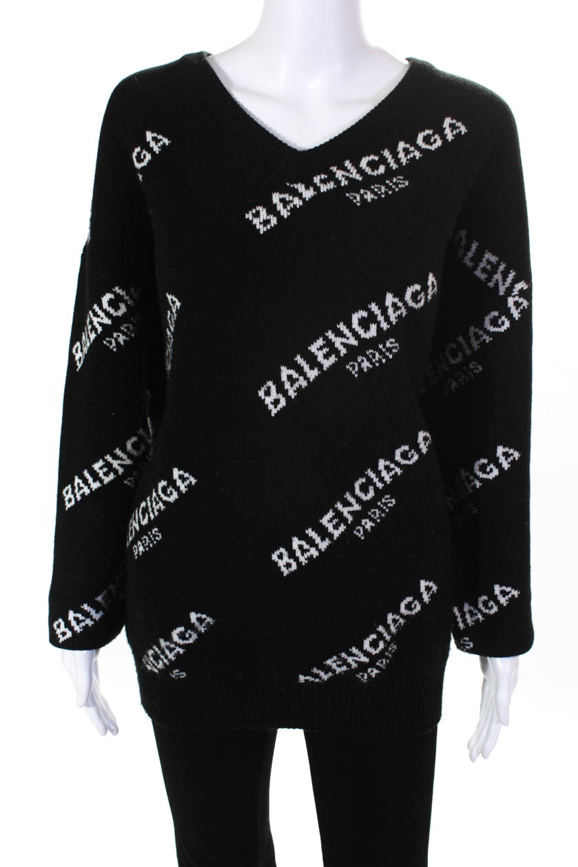 Balenciaga Paris Womens Wool V-Neck Logo Raglan Sleeve Sweater Black ...
