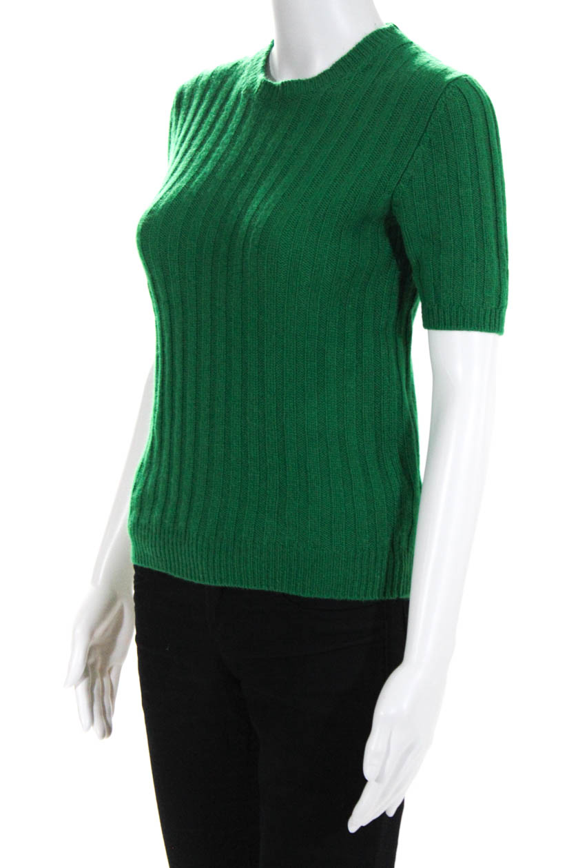 Prada Womens Cashmere Chunky Rib Knit Short Sleeve Sweater Green Size