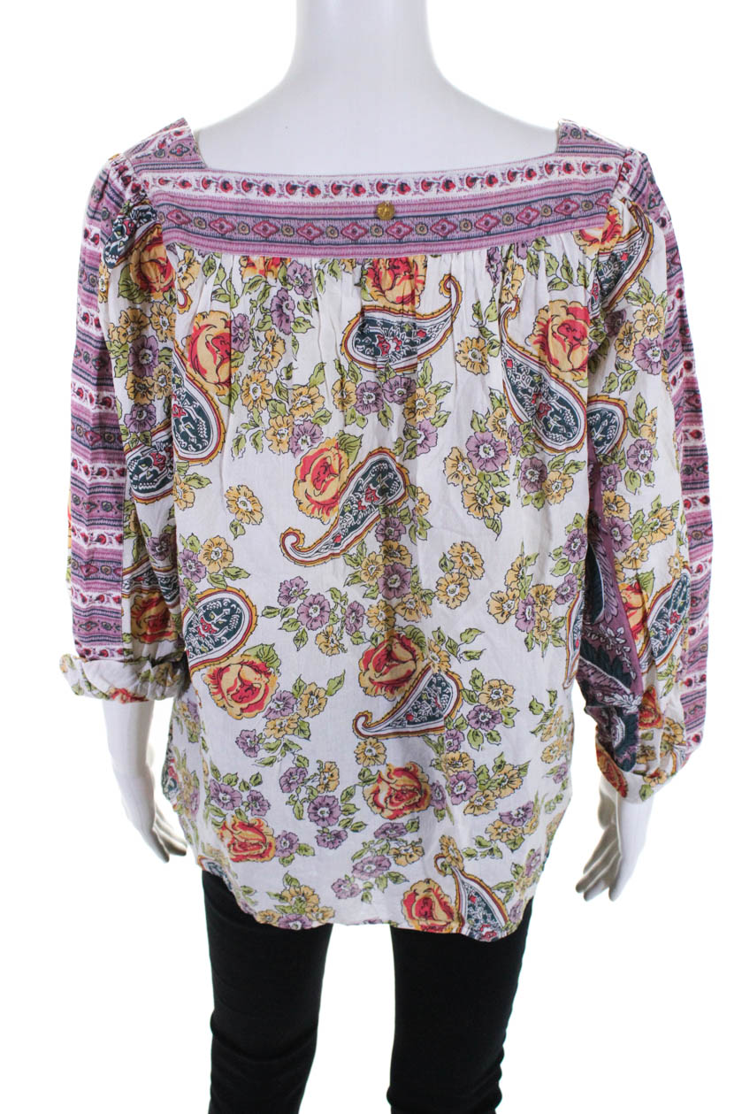 Antik Batik Womens Cotton 3/4 Sleeve Square Neckline Blouse White Size ...