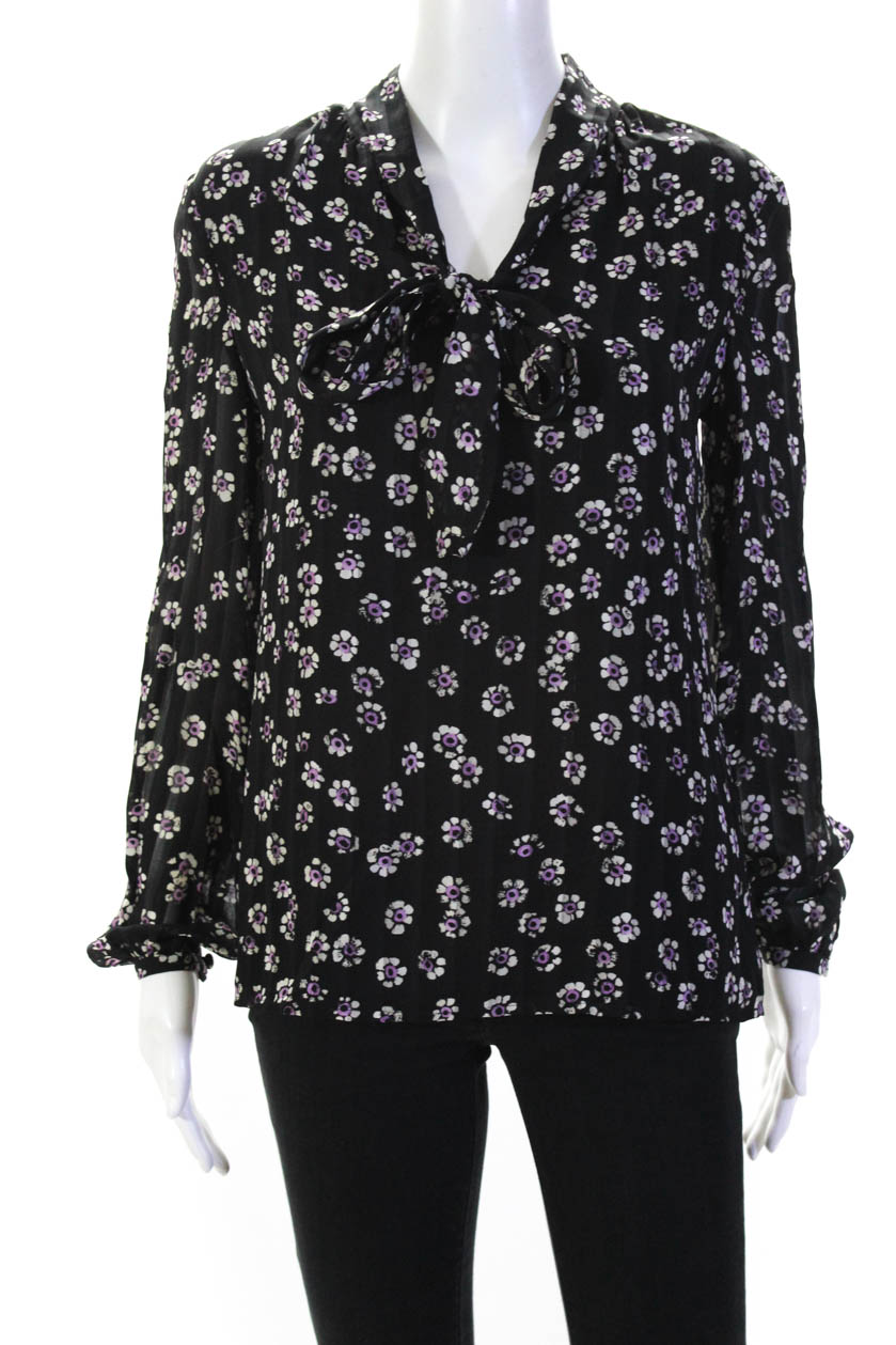 Tory Burch Womens Long Sleeve Floral V-Neck Silk Blouse Top Black Size ...