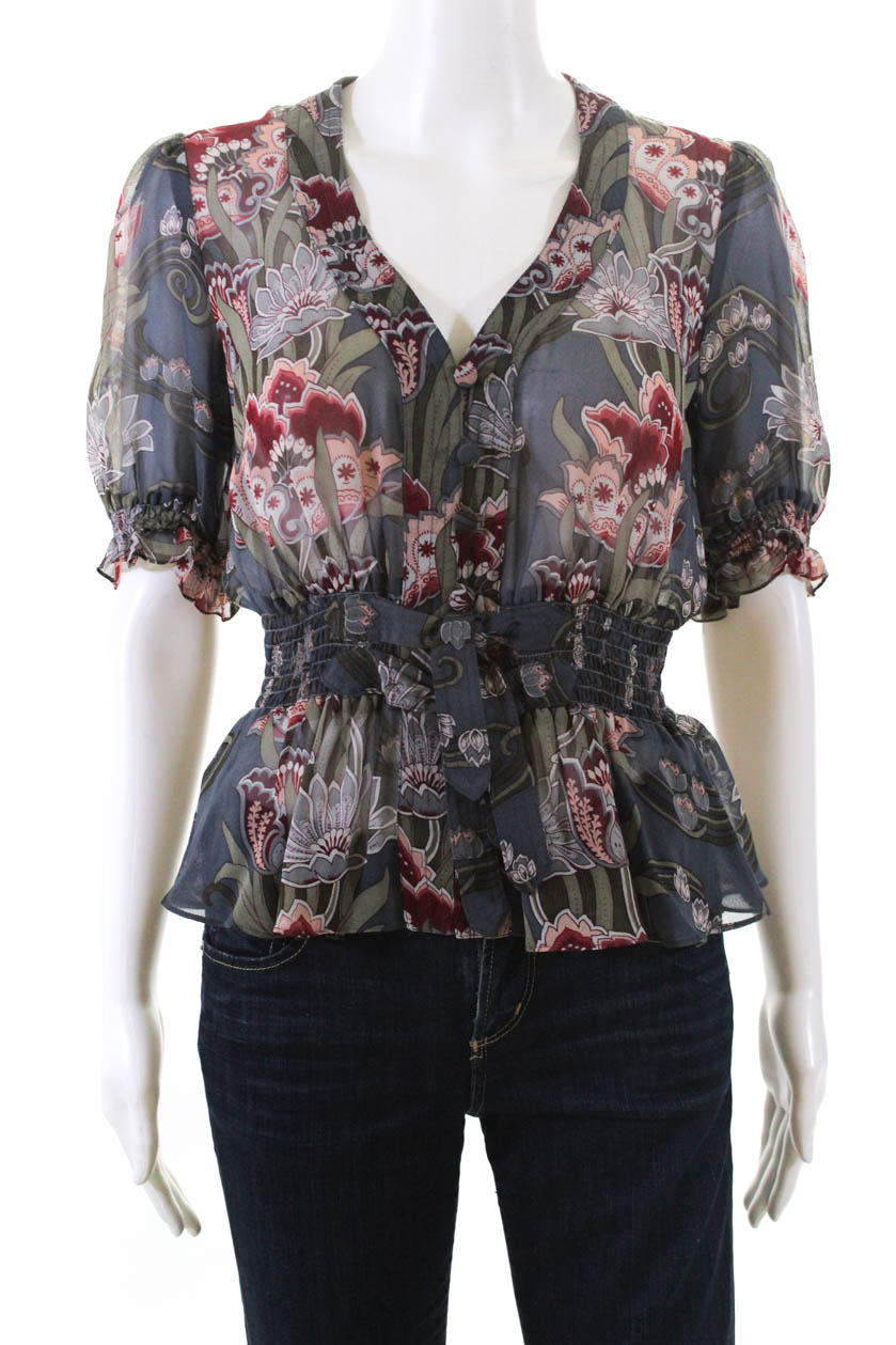 Nanette Lepore Womens Short Sleeve V-Neck Floral Silk ...