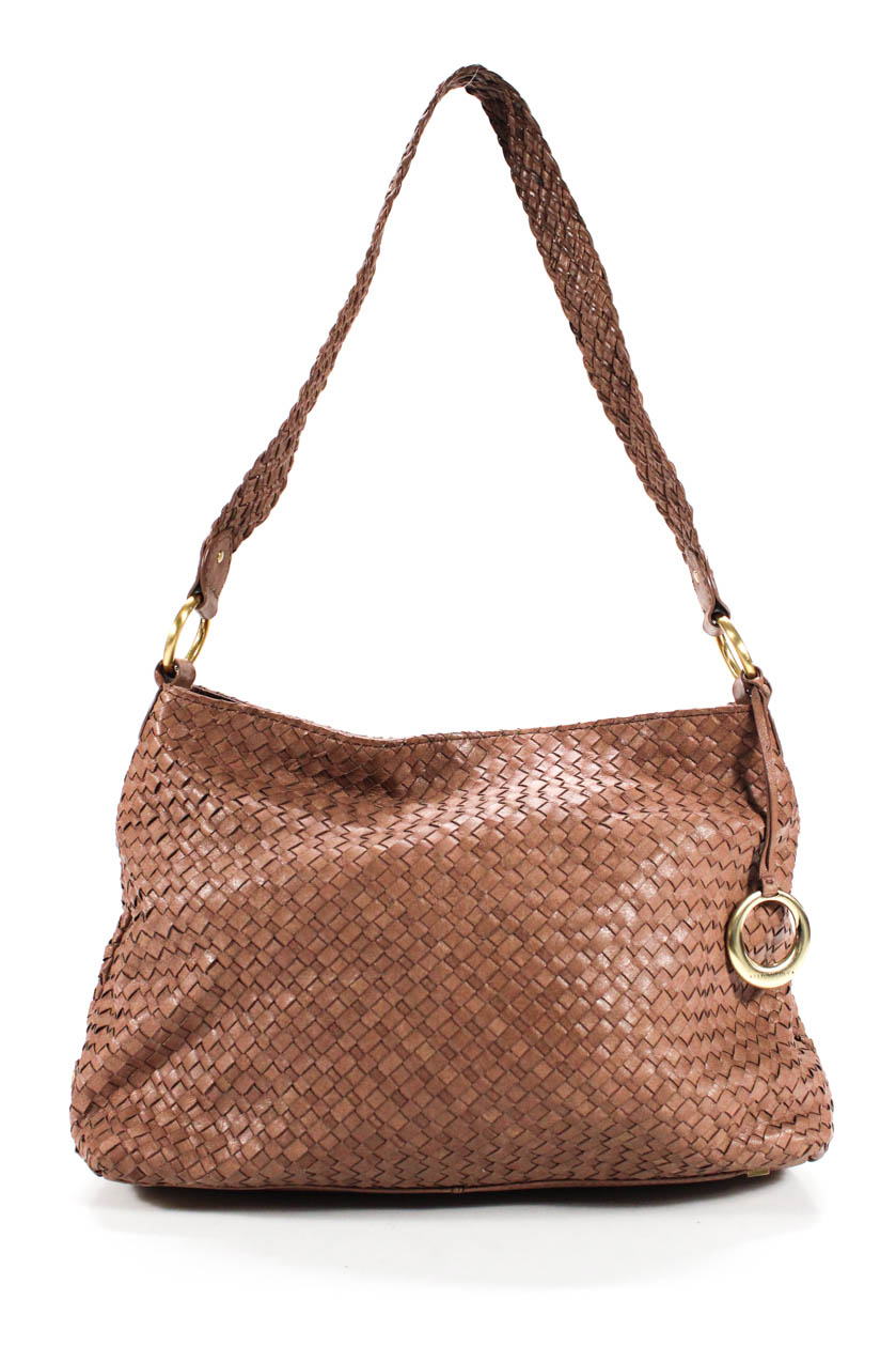 Elliot Lucca Leather Woven Gold Hardware Medium Shoulder Handbag Brown