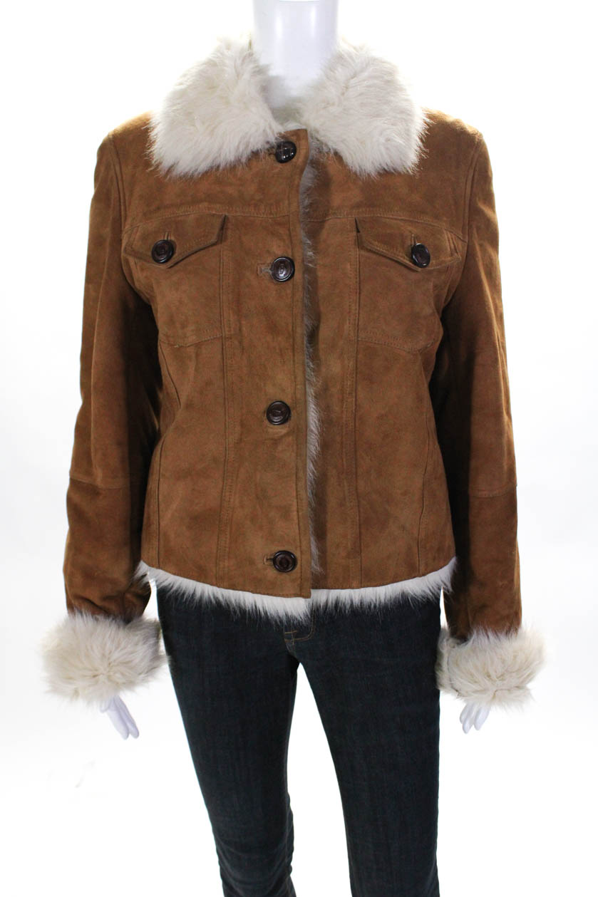 Ugg Womens Suede Faux Fur Lined Button Up Jacket Coat Brown Size M eBay