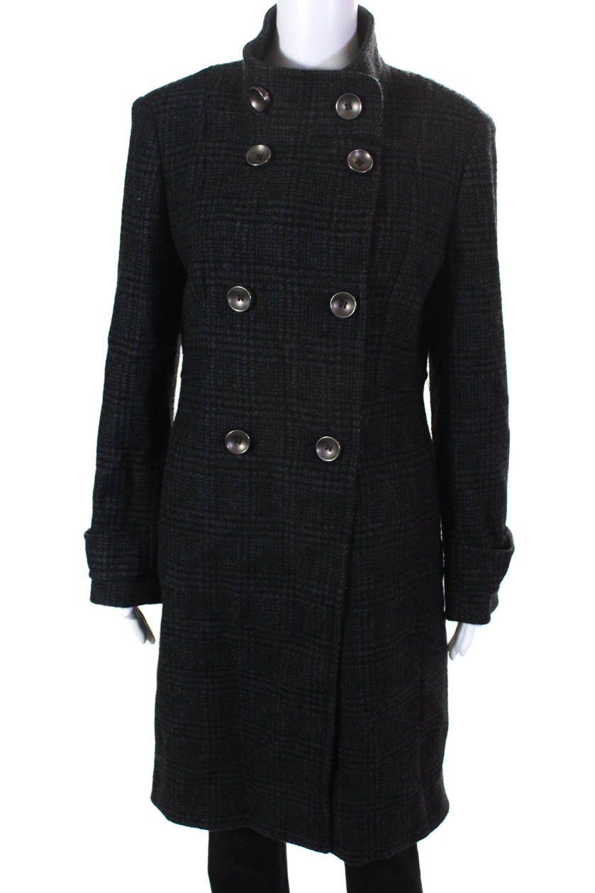 Cinzia Rocca Womens Wool Long Sleeve Plaid Double Breasted Peacoat Gray