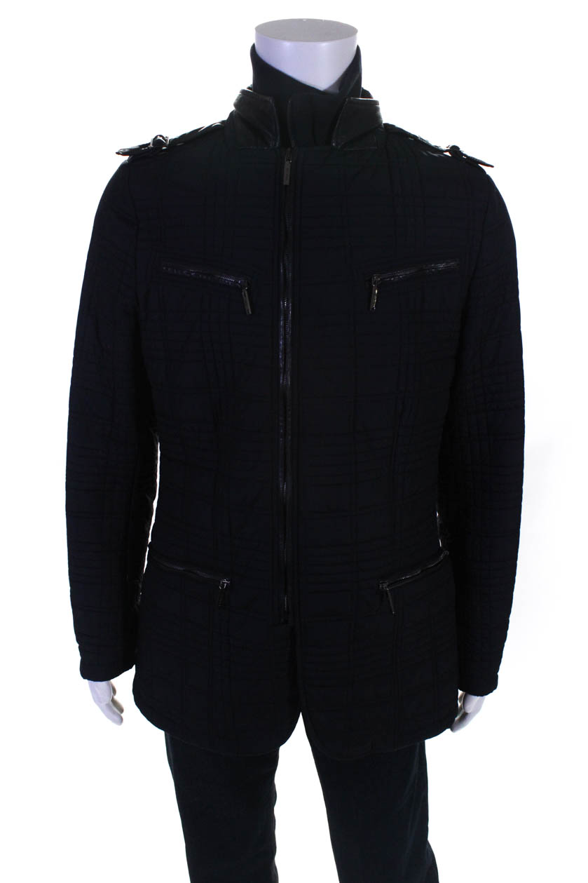 Etro Mens Zip Up Mock Neck Puffer Coat Navy Blue Black Size X-Large | eBay