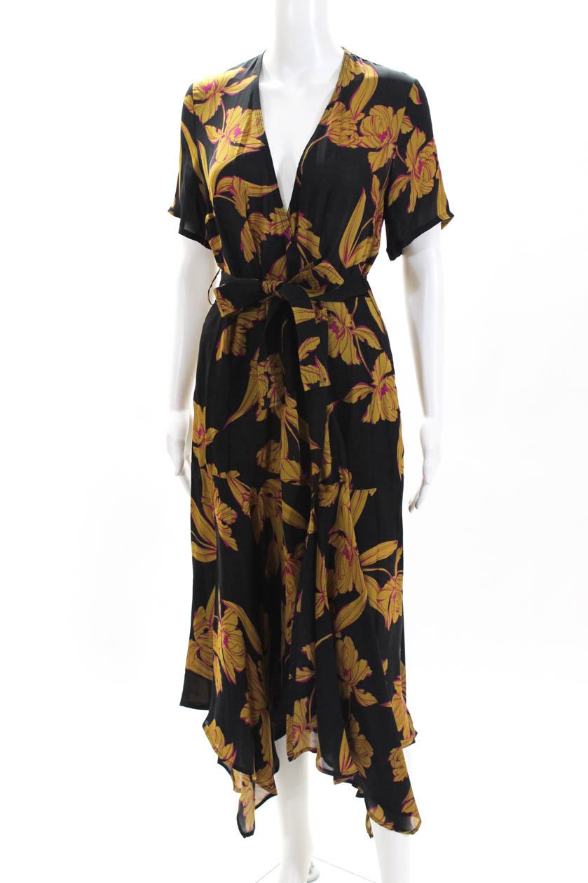 ALC Womens Short Sleeve V Neck Floral Midi Wrap Dress Brown Black Silk ...