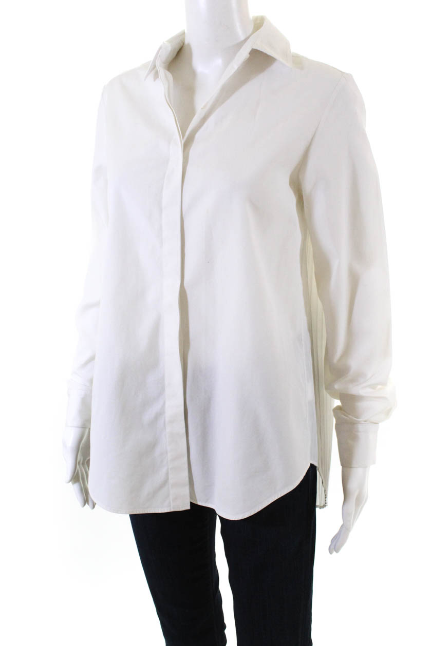 Tome Womens Cotton Long Sleeve Collar Button Down Pleated Blouse White ...