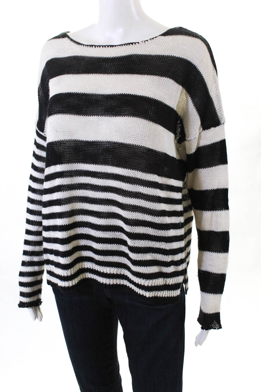 360 Sweater Womens Long Sleeve Striped Knit Sweater White Black Cotton ...