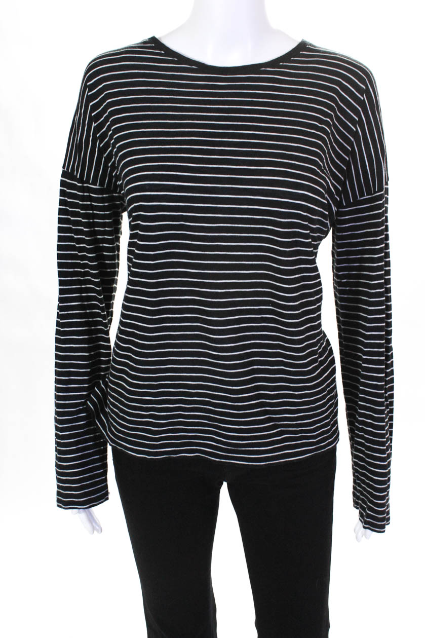 Vince Womens Cotton Striped Long Sleeve T-Shirt Black Size Large