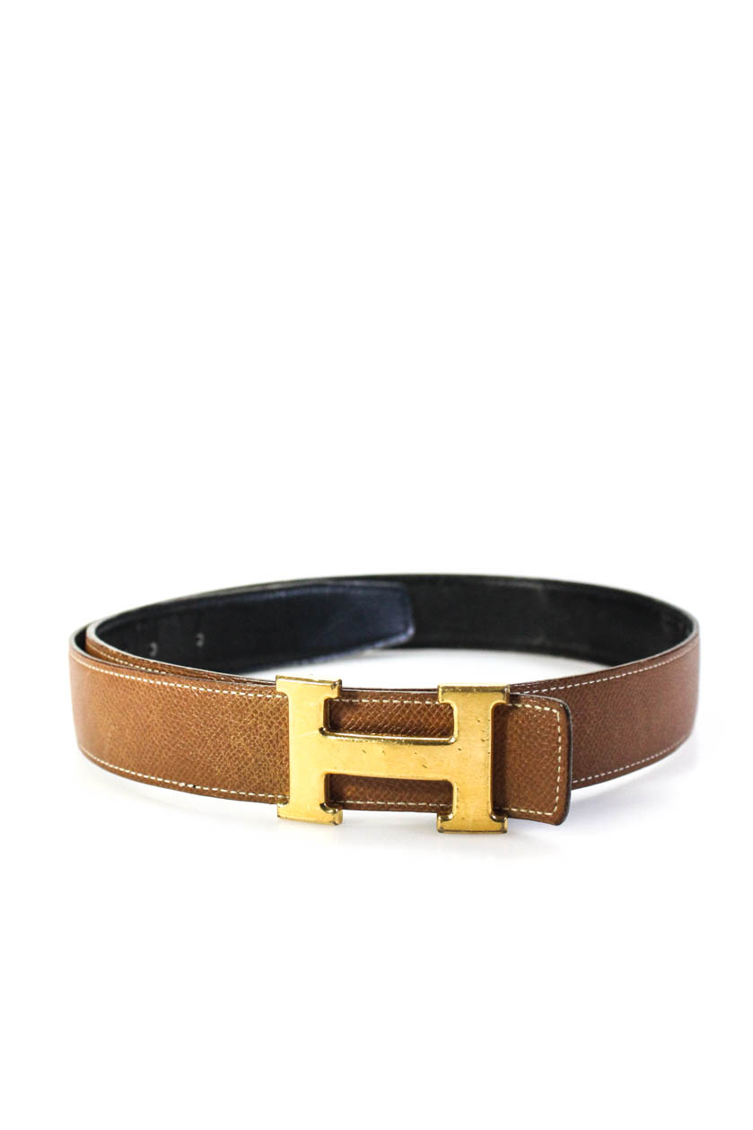 Hermes Leather Gold Tone H Buckle Reversible Belt Black Brown Gold Size ...