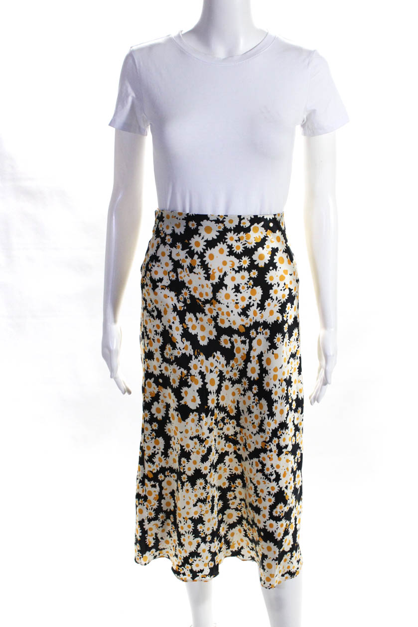 Realisation Womens Floral Silk A-Line Midi Skirt Navy Blue White Size ...