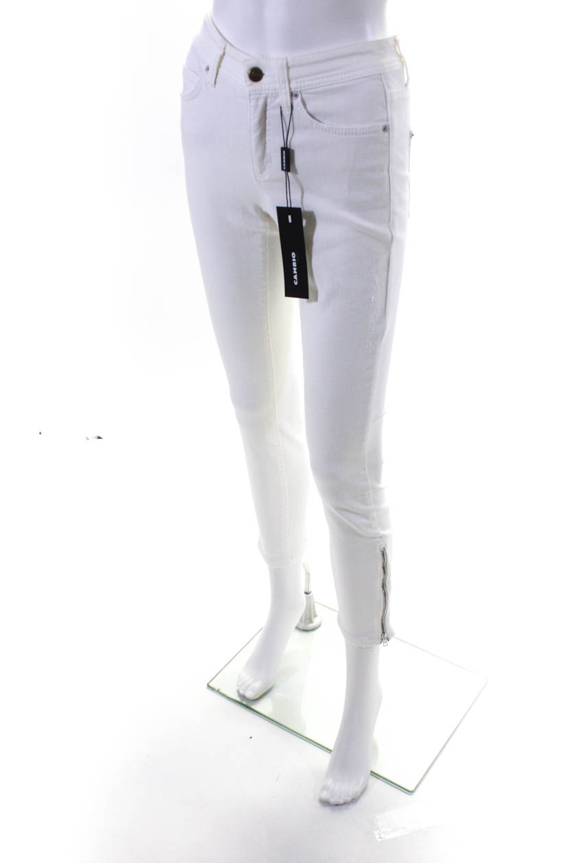 Cambio Womens Parla Zip Ankle Rhinestone Slim Jeans White Size 2