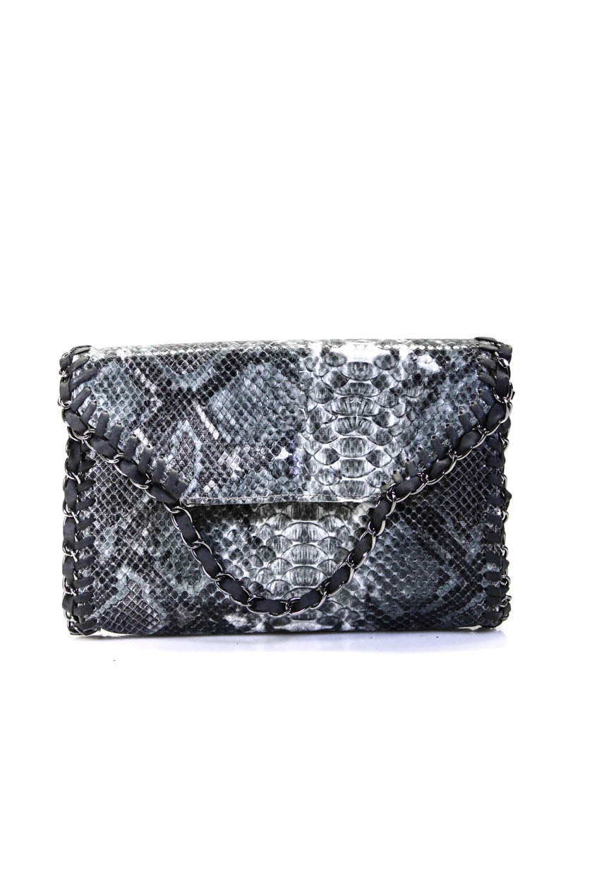 Sondra Roberts Womens Snakeskin Print Chain Link Trim Clutch