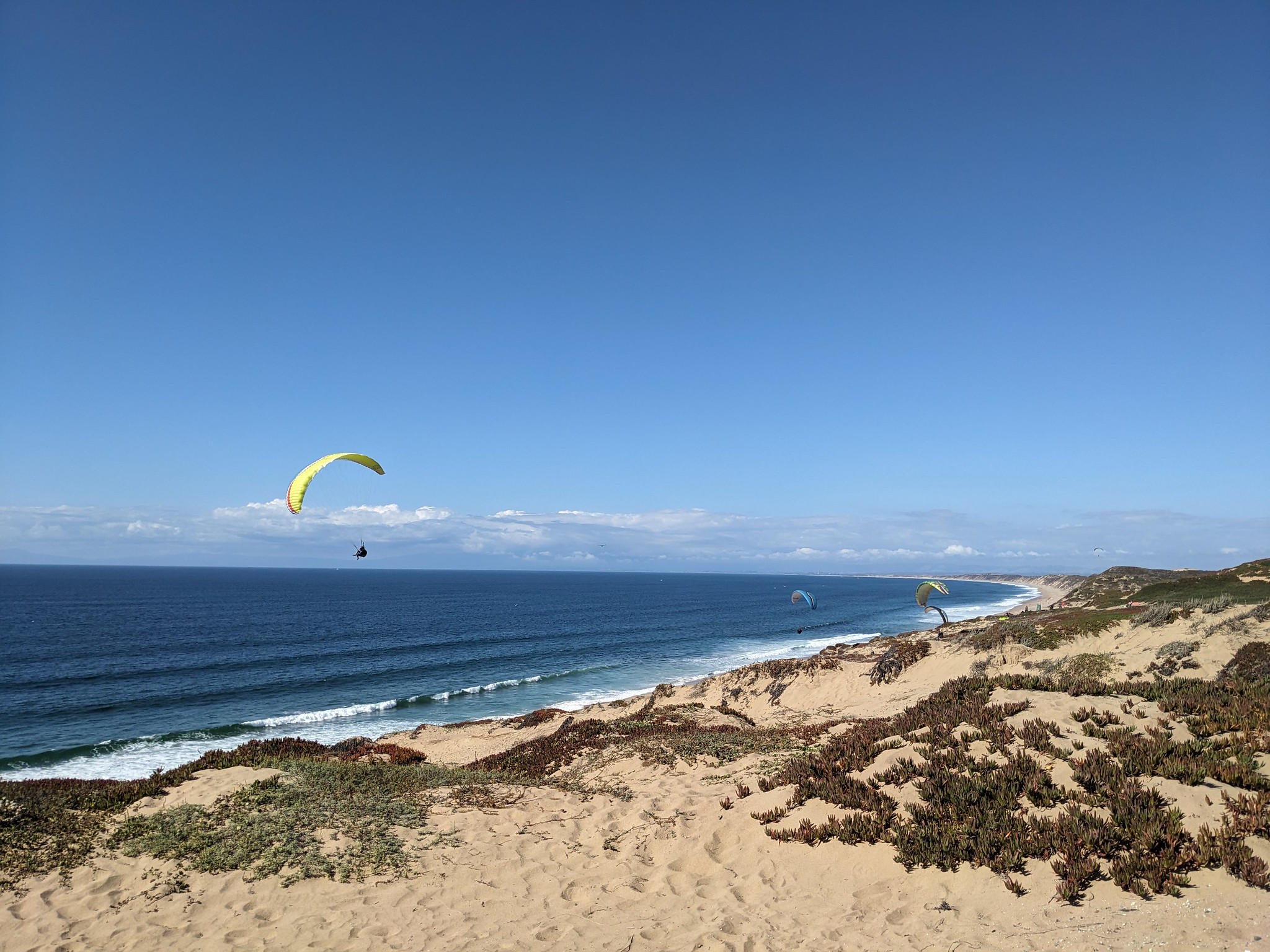Paragliders floating off the coast