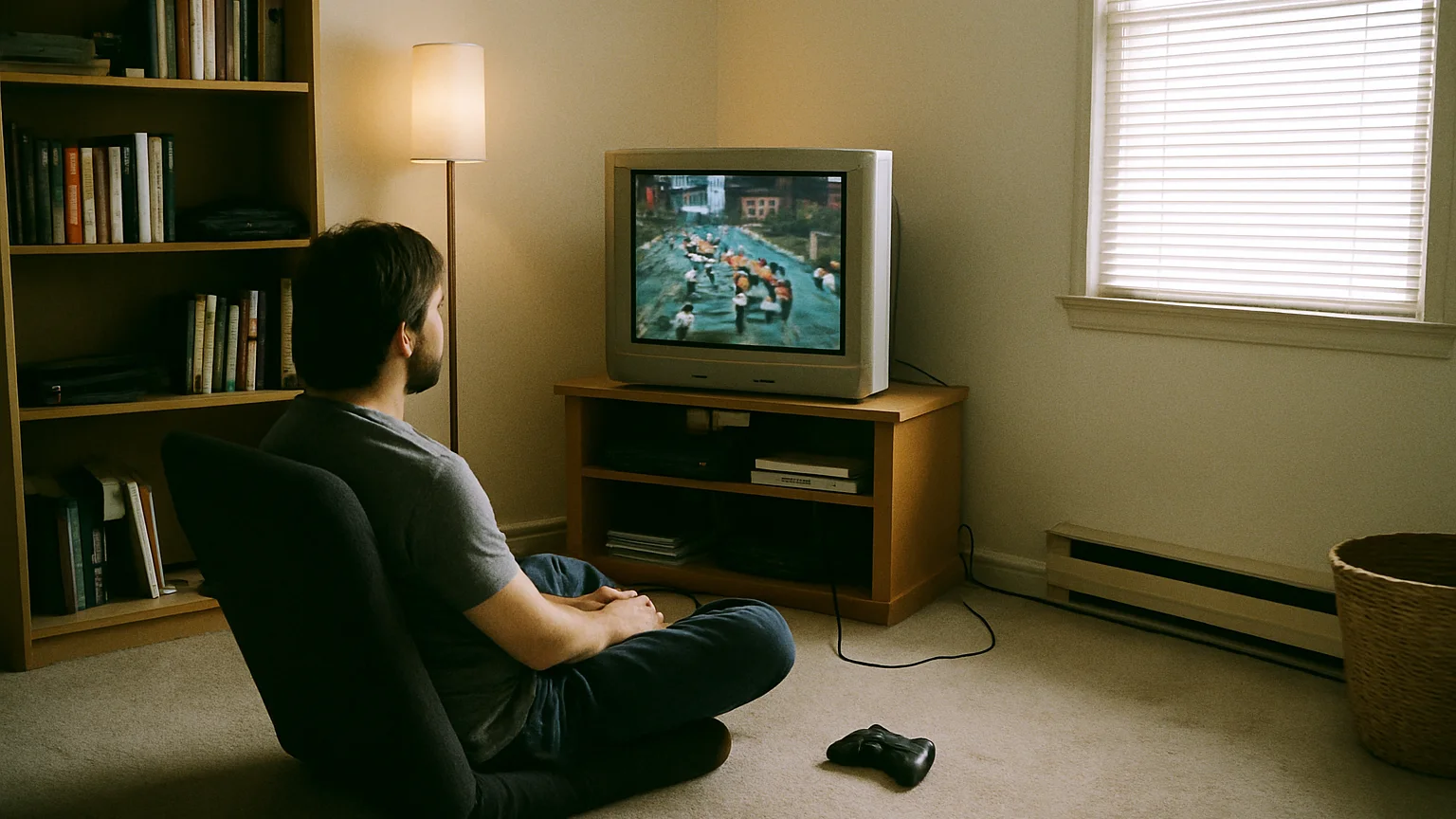 A relaxed low gaming chair setup in a lived-in room