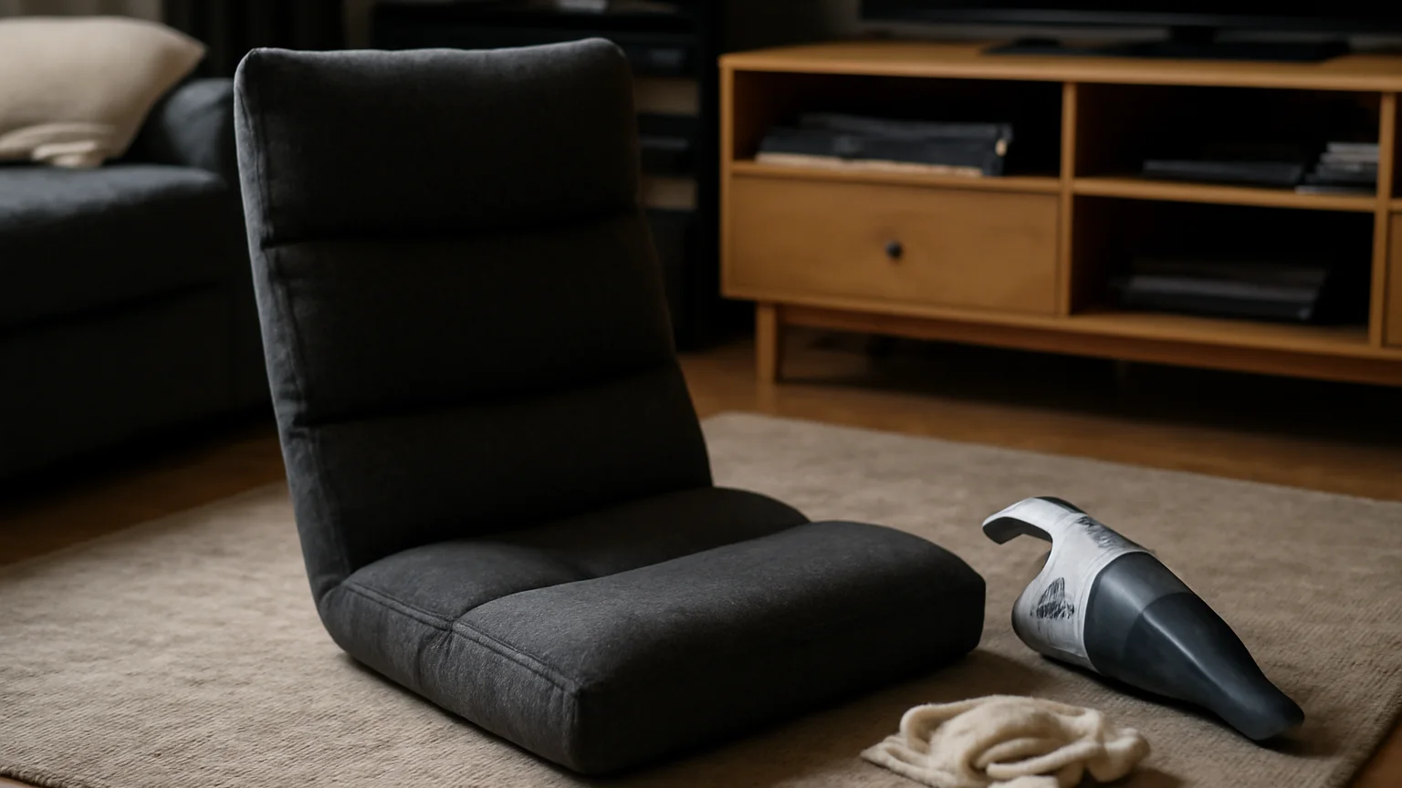 Realistic floor gaming chair setup for materials and care