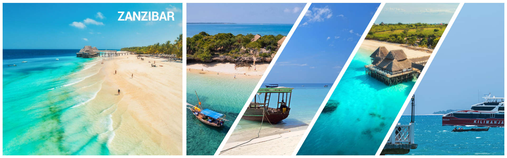 Férias em Zanzibar: Colagem com a praia paradisíaca de Nungwi, barco Dhow tradicional, o icónico restaurante The Rock e Ferry Kilimanjaro