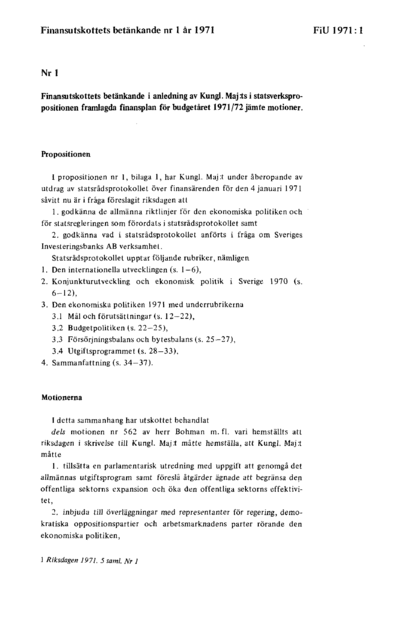 Omslaget till bet. 1971:FiU1