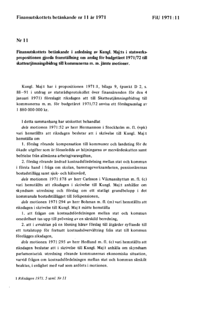 Omslaget till bet. 1971:FiU11