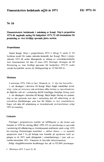 Omslaget till bet. 1971:FiU16
