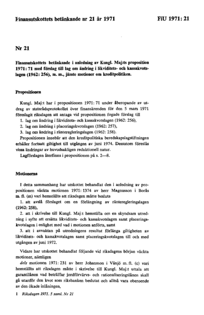 Omslaget till bet. 1971:FiU21