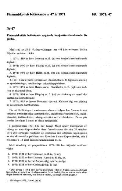 Omslaget till bet. 1971:FiU47