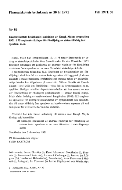 Omslaget till bet. 1971:FiU50