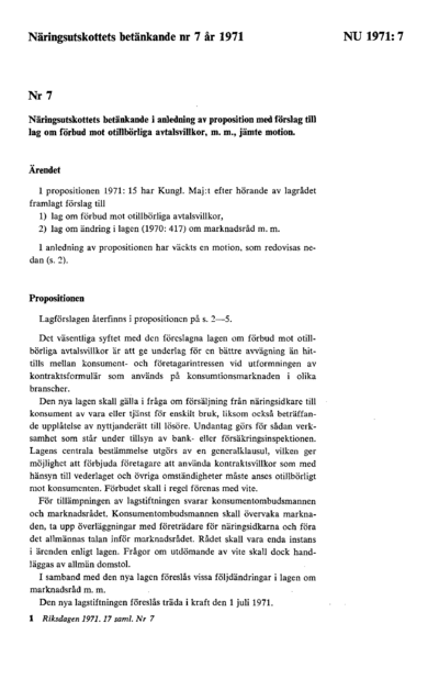 Omslaget till bet. 1971:NU7