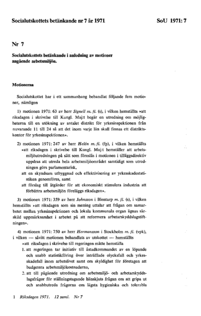 Omslaget till bet. 1971:SoU7