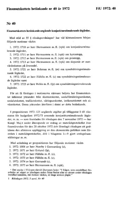 Omslaget till bet. 1972:FiU40
