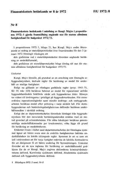 Omslaget till bet. 1972:FiU8