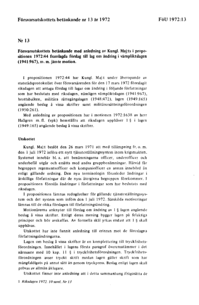 Omslaget till bet. 1972:FöU13