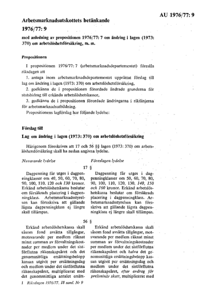 Omslaget till bet. 1976/77:AU9