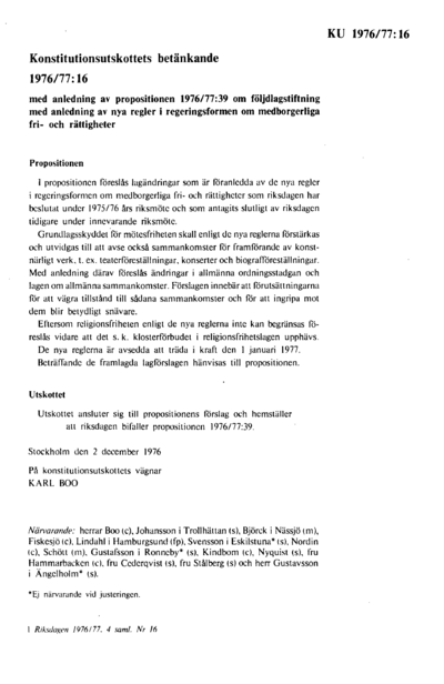 Omslaget till bet. 1976/77:KU16