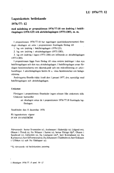 Omslaget till bet. 1976/77:LU12