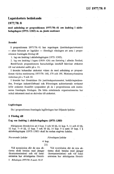 Omslaget till bet. 1977/78:LU8