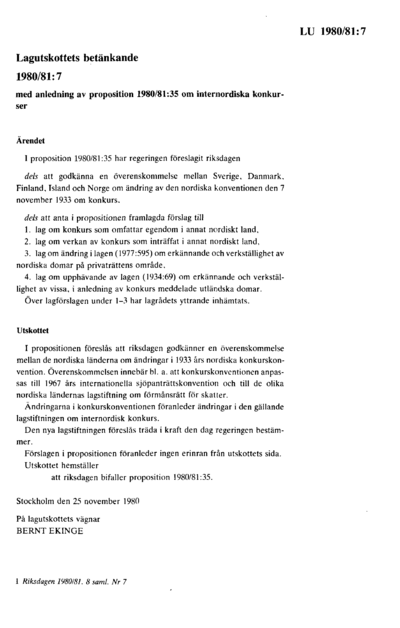 Omslaget till bet. 1980/81:LU7