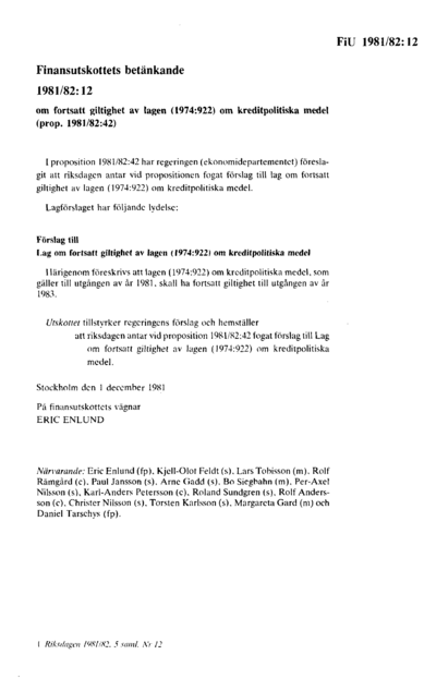 Omslaget till bet. 1981/82:FiU12