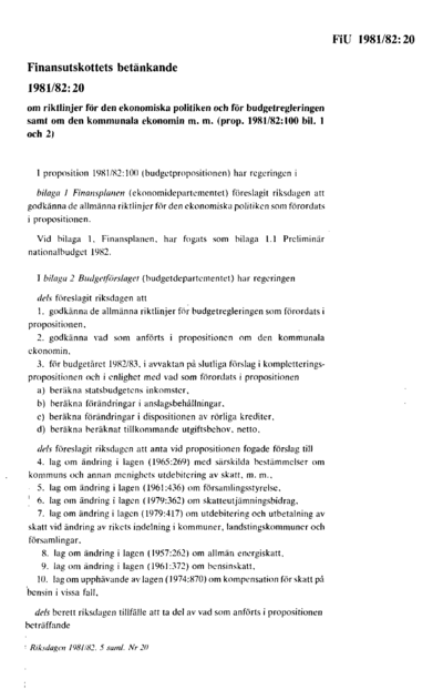 Omslaget till bet. 1981/82:FiU20