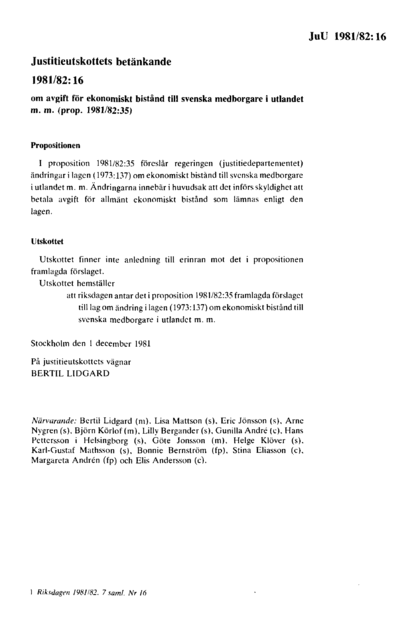 Omslaget till bet. 1981/82:JuU16