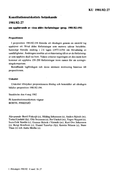 Omslaget till bet. 1981/82:KU27