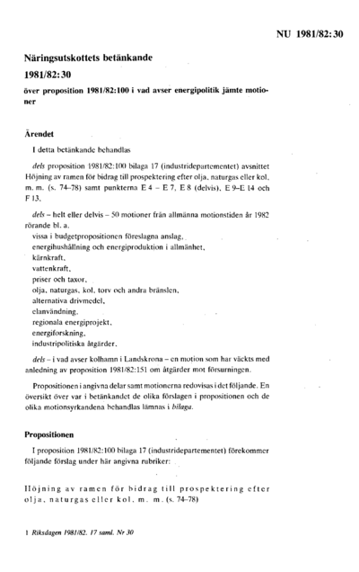 Omslaget till bet. 1981/82:NU30