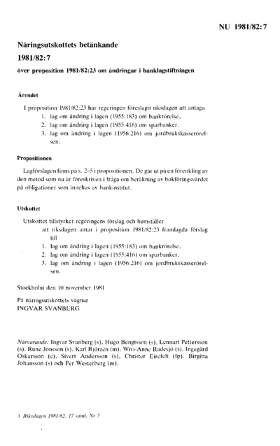 Omslaget till bet. 1981/82:NU7