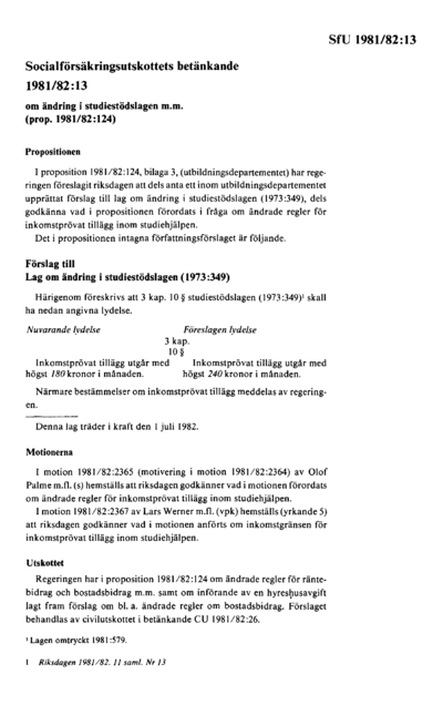 Omslaget till bet. 1981/82:SfU13