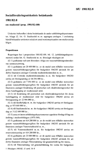 Omslaget till bet. 1981/82:SfU8