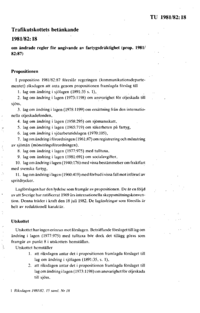 Omslaget till bet. 1981/82:TU18
