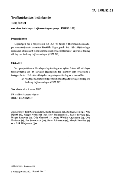 Omslaget till bet. 1981/82:TU21
