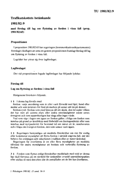 Omslaget till bet. 1981/82:TU9