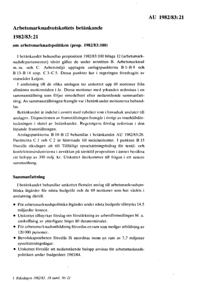 Omslaget till bet. 1982/83:AU21